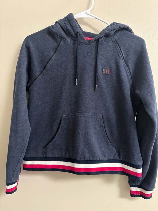 Tommy Hilfiger Tops - Tommy Hilfiger Sport Women's Navy Blue Cropped Pullover Hoodie with Striped Trim